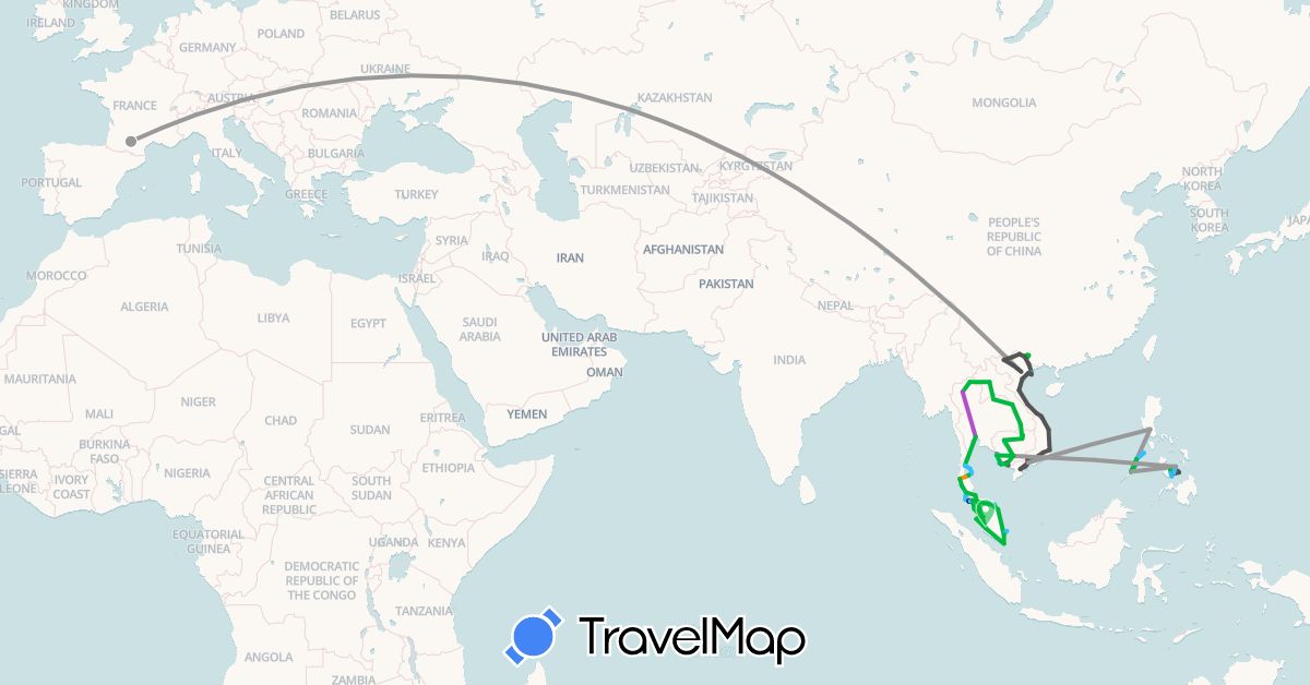 TravelMap itinerary: driving, bus, plane, train, hiking, boat, hitchhiking, motorbike in China, France, Cambodia, Laos, Malaysia, Philippines, Singapore, Thailand, Vietnam (Asia, Europe)